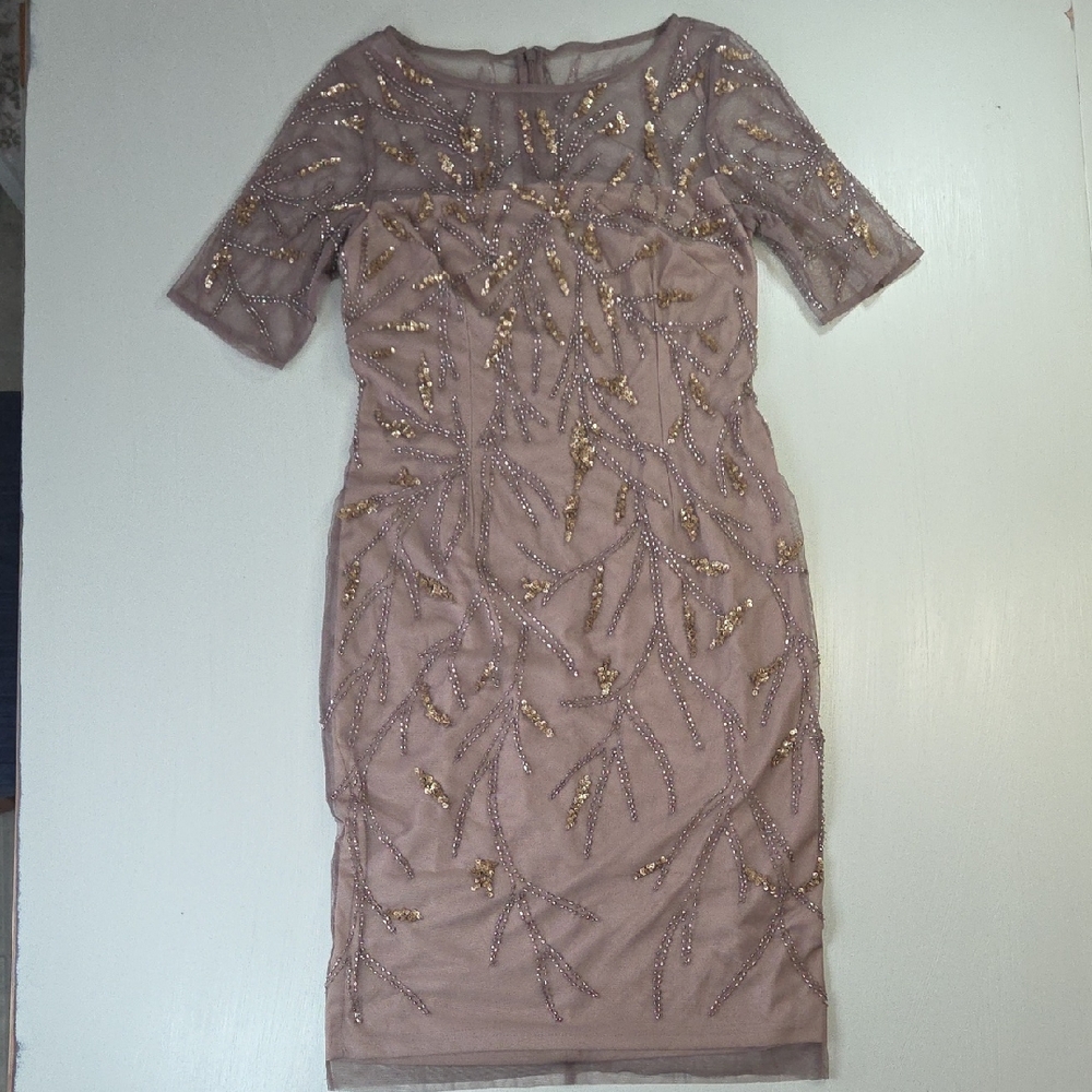 Adrianna Papell Beaded Cocktail Dress in Stone